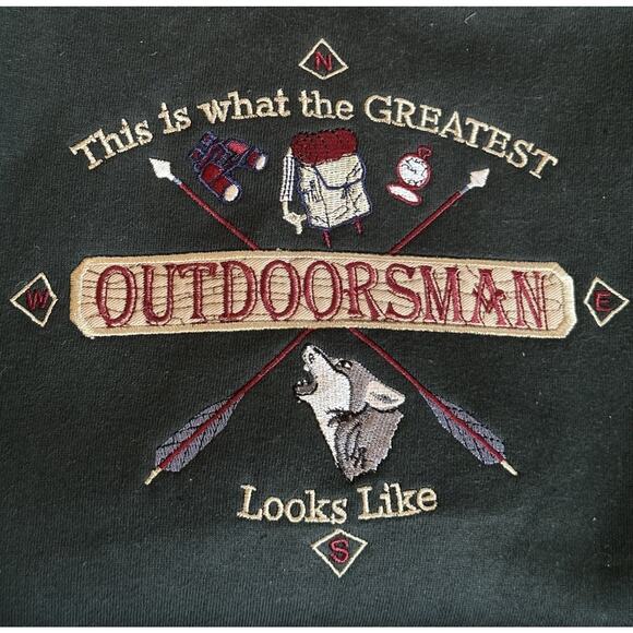 VTG 90’s Greatest Outdoorsman Sweatshirt ForestGreen Crewneck Embroidery 2XL NEW - Picture 6 of 6